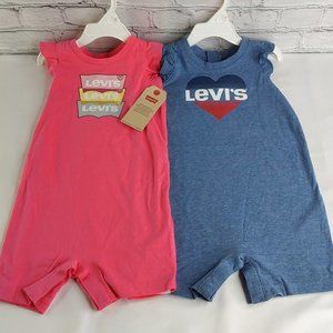 'LEVI'S' 2-PIECE LOGO ROMPER RUFFLE SLEEVE OUTFITS HEATHER DENIUM & CREAM CORAL